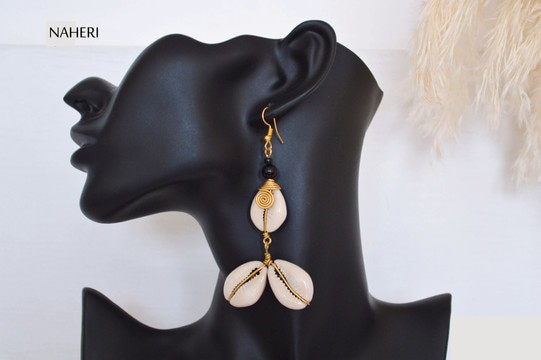 African cowrie shell and brass earrings