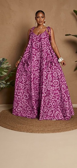 Robe longue sans manches à imprimé Adire violet magenta éclatant, avec bretelles à nouer et poches avant