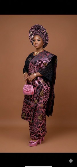 Mauve-Rose and Onyx Black Brocade Aso Oke Iro and Buba Ensemble