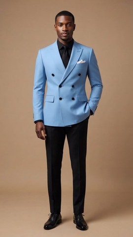 Veste de costume bleu ciel croisée avec pantalon noir