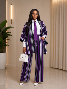 Women's Purple Striped Aso-Oke 2-Piece Kimono Cardigan &amp; Wide-Leg Trouser Set