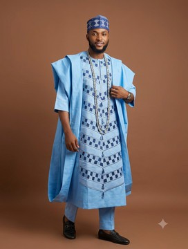 Agbada brodé bleu ciel royal
