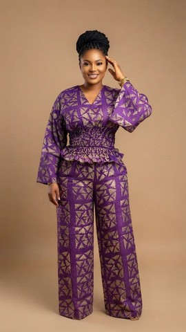Ensemble top péplum et pantalon à imprimé Adire violet et doré