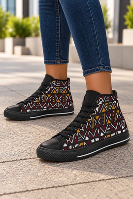 Tribal Bogolan Women's Classic High Top Canvas Shoes | African Mudcloth High Top Sneakers
