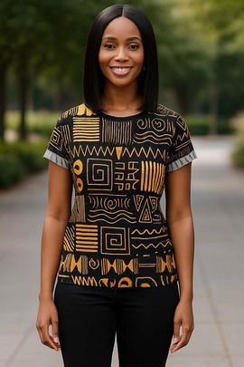 Timeless Bogolan Print Women T-shirt - Gold and Black