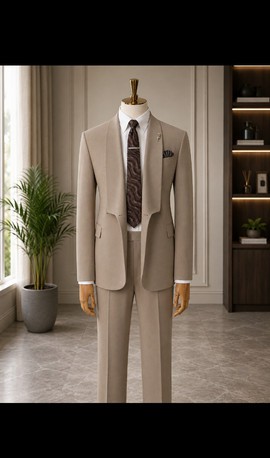 Blazer beige pour homme à revers châle avec cravate et pochette – Ensemble de costume habillé deux pièces