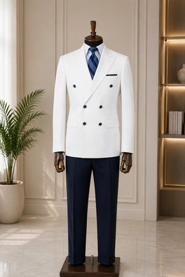 Ensemble de costume formel deux pièces pour homme : blazer blanc croisé et pantalon bleu marine