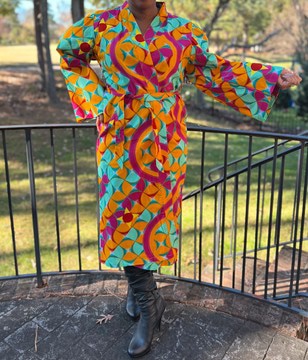 African Print Ankara Orange Multicolor Cotton Belted Midi Blazer