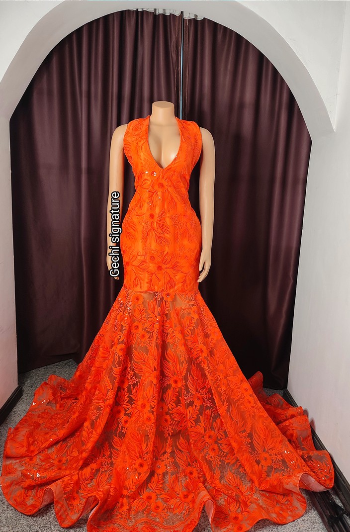 strapless open back dress Orange Long Sleeve V-neck Patterned Sequin Prom Dress main image 1