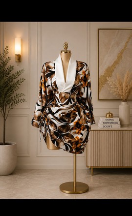 Women's Brown and White Floral Print Wrap Front Mini Dress with Batwing Sleeves