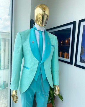 A turquoise green shawl lapel floral jacquard suit