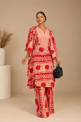 Ensemble deux pièces pour femme en imprimé africain rouge et crème