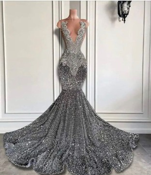 Silver sequin prom dress, African clothing for women, prom dress