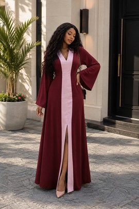 Robe longue en crêpe à blocs de couleurs bordeaux et rose pour femme