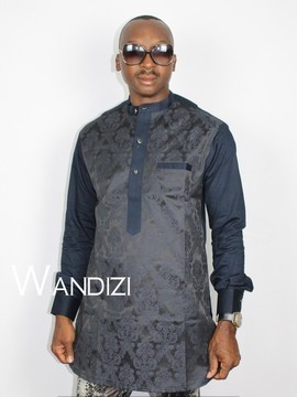 Blue Damask Half Collar Dress Shirt, African Men Shirt, African Mens Clothing