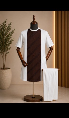 Ensemble sénateur blanc et marron pour homme avec panneau brodé en diagonale – Tenue traditionnelle deux pièces à manches courtes