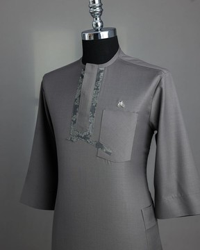 A grey, matching slanted paisley, front flap, 3/4-sleeve African senator kaftan native.