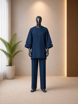 Men's Navy Blue Native Top with Cutout Sleeve Detail and Trouser Set – Two-Piece Traditional Wear