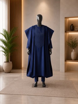 Men's Navy Blue Embroidered Agbada Set – 3-Piece Traditional African Babban Riga with Trousers