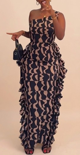 Elegant One-Shoulder Printed Maxi Dress – Ruffle Detail Bodycon Evening Dress for Women