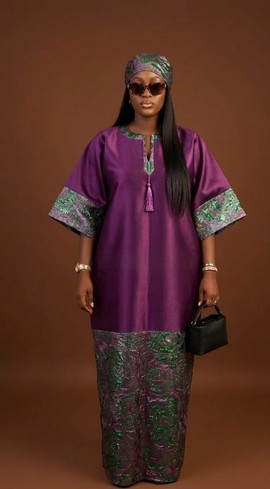 Purple Luxury Kaftan Set – Elegant African Boubou with Embellished Details and Headscarf