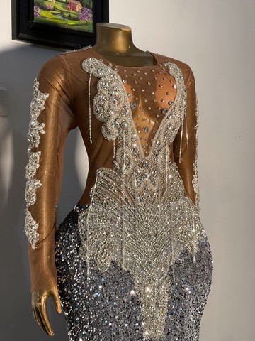 Silver diamond sequin prom dress