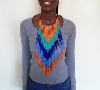 African Beaded Fringe Necklace, Christmas gift for her, African jewelry, Beaded Tribal Necklace