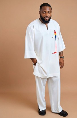 Men White Embroidered Kaftan &amp; Trousers Two-Piece Set