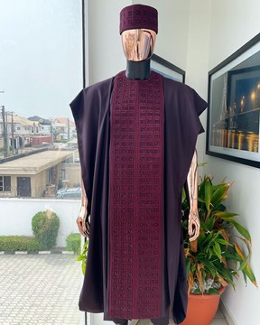 An Umber brown, connected square embroidery design Swarovski stone details agbada,