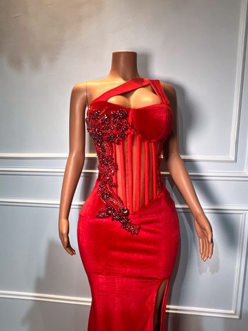 Red long dress, red birthday dress, simple red dress, slit red dress