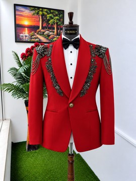 Costume de smoking OKXEEL rouge royal avec revers châle orné de perles