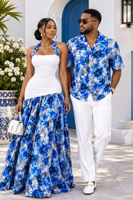 Couples Blue Floral Cotton Outfit