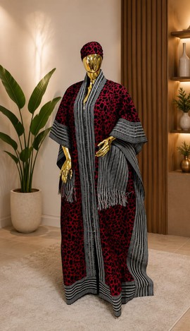 Women's Red &amp; Black Animal Print Kaftan Dress with Aso Oke Striped Trim &amp; Matching Head Wrap