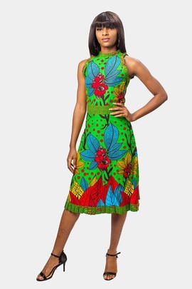 Beautiful Colourful Fit and Flare African Print Ankara Dress with Pleatings