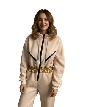 African Hoodie Jumpsuit with Mudcloth Waistband - Beige Long Sleeve Zip Up