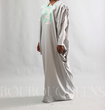 African Boubou Dress for Women "Keinya" Gray/Teal in Glazed Linen — With Scarf