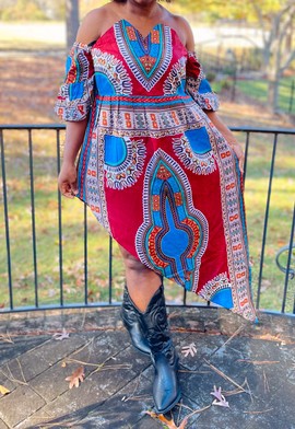 African Print Ankara Dashiki Asymmetrical Midi Off Shoulder Dress