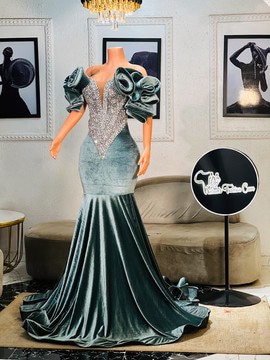 Embellished trumpet velvet dress, prom dresses, velvet dresses, evening gowns