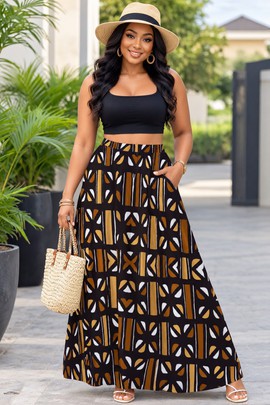 Jupes longues maxi en mousseline à imprimé bogolan afrocentrique pour femme avec doublure | Jupe longue maxi bogolan