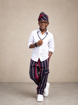 Boys White Shirt &amp; Navy Striped Aso-Oke Cargo Trousers with Matching Cap | Kids Native Wear Outfit