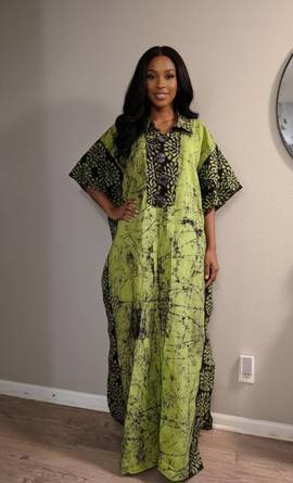 Elegant Green and Black Printed Kaftan Dress