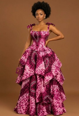 Robe Ankara bordeaux à petites manches et à volants