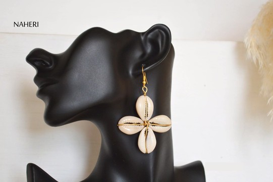 African cowrie shell and brass earrings