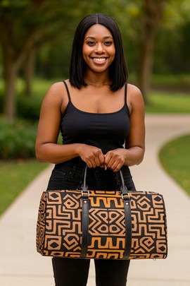 African Travel Bag Leather Geometric Kuba Print