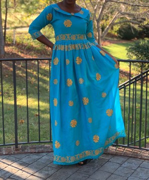 Elegant BLue and Gold Floral Maxi Dress