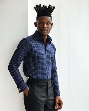 A navy blu plaid check, high collar business shirt.