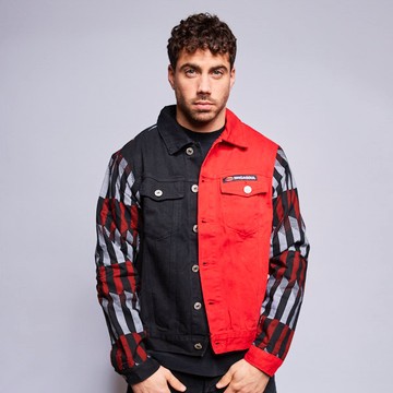 Black and red denim jacket with a touch of wax