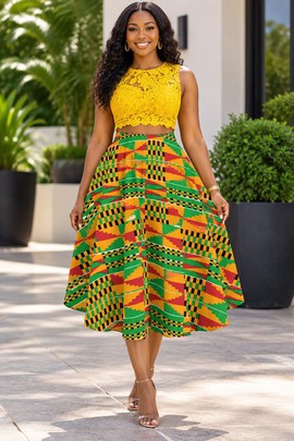 KENTE PRINT Women's Midi Skirt With Pockets | African Print Midi Skirt | Bynelo