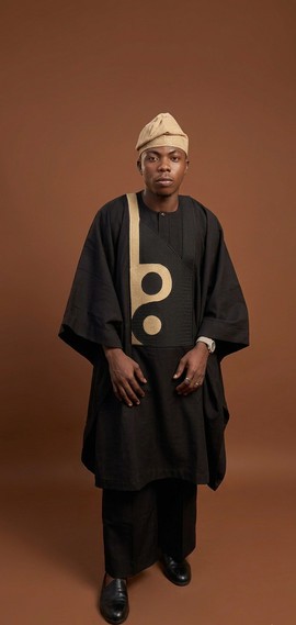 Black Dashiki with Gold Geometric Print &amp; Cream Head Wrap