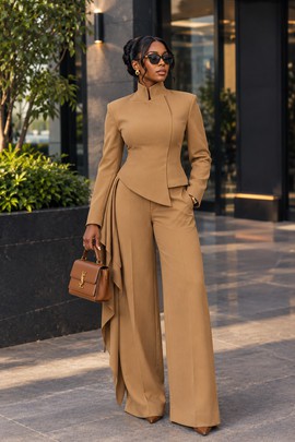 Women's Camel Draped Blazer &amp; Wide Leg Trousers Set – Mandarin Collar Asymmetric Suiting Jacket,